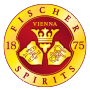 circular logo with red and gold colors featuring the text 'FISCHER VIENNA 1875 SPIRITS' and a crown above two golden shields