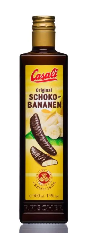 brown glass bottle with yellow label showing chocolate banana liqueur and Casali brand name