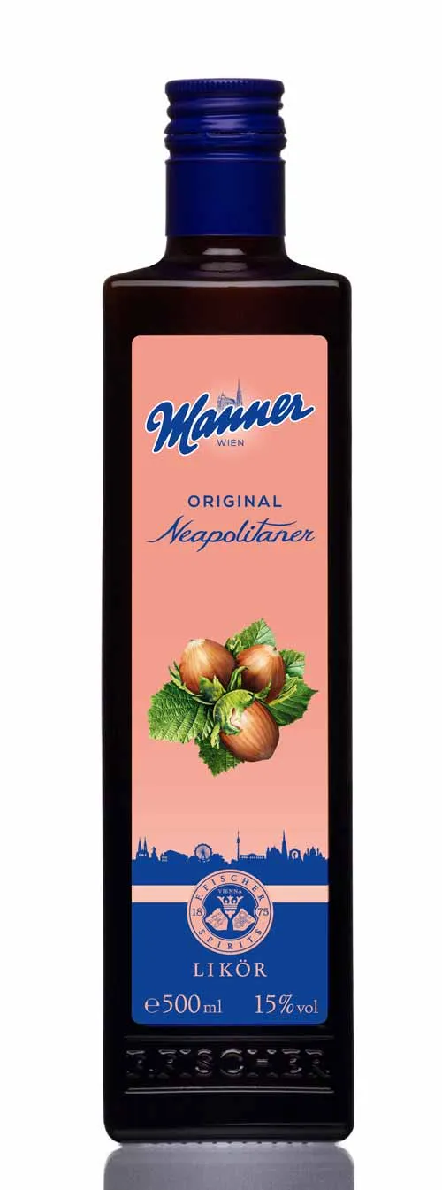 A dark glass bottle with a blue cap and a label showing the Wanner Vienna logo, hazelnuts, and a city skyline.