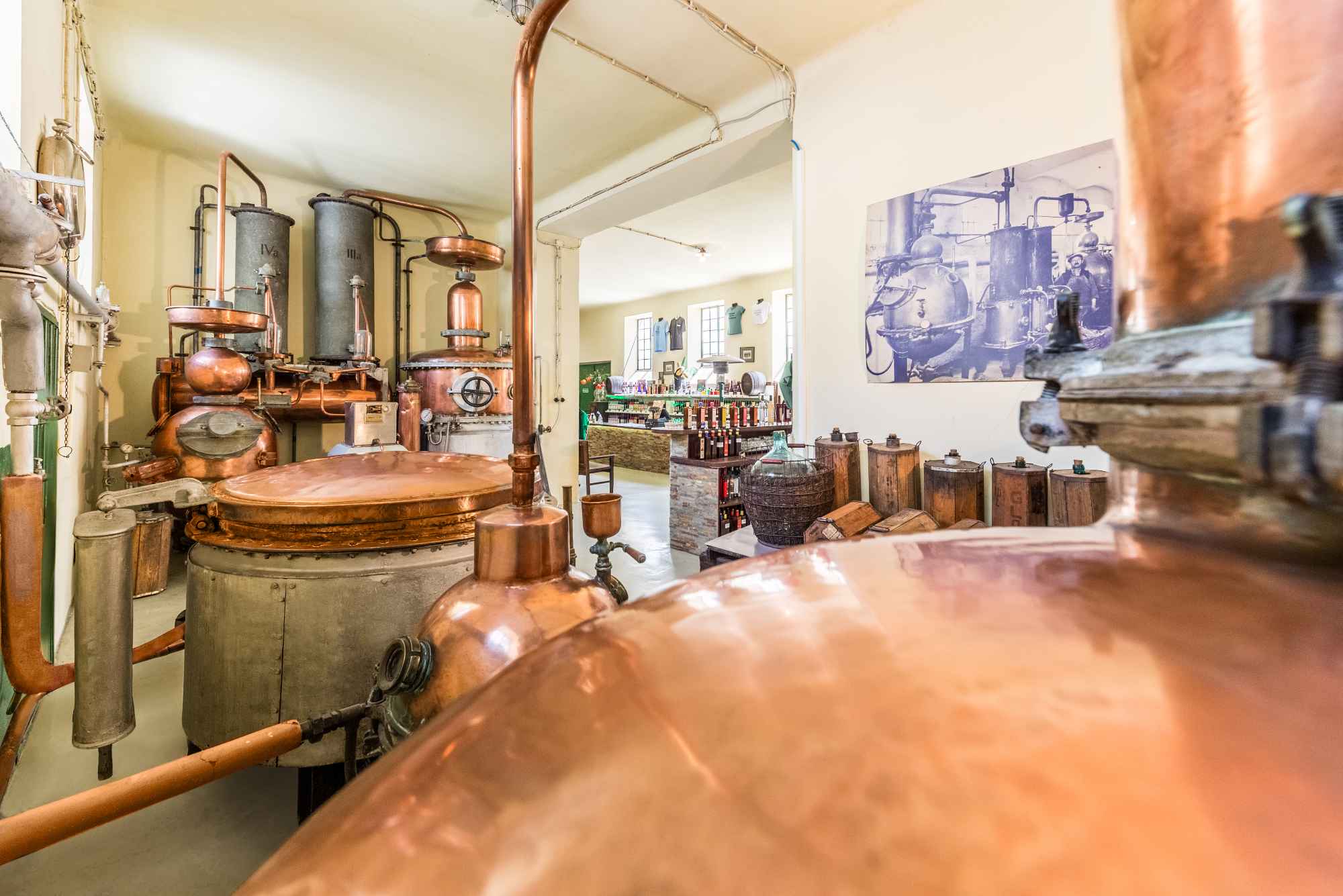 Interior view of a distillery museum with copper stills, industrial equipment, and a large technical drawing on the wall