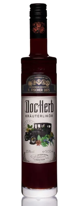 A bottle of DocHerb Kräuterlikör with a label featuring a vintage car and botanical illustrations