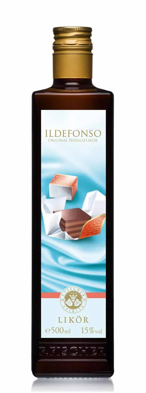 A dark glass bottle with a gold cap and a label featuring the text Ildefonso Original Nougatlikör, with images of nougat candies and a blue and white background.