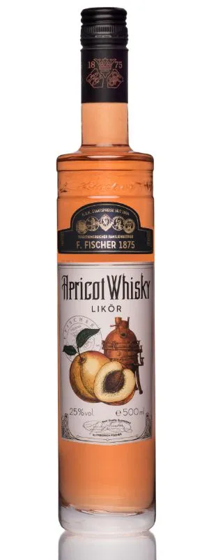 A bottle of Apricot Whisky liqueur with a label showing apricots and a distillation apparatus