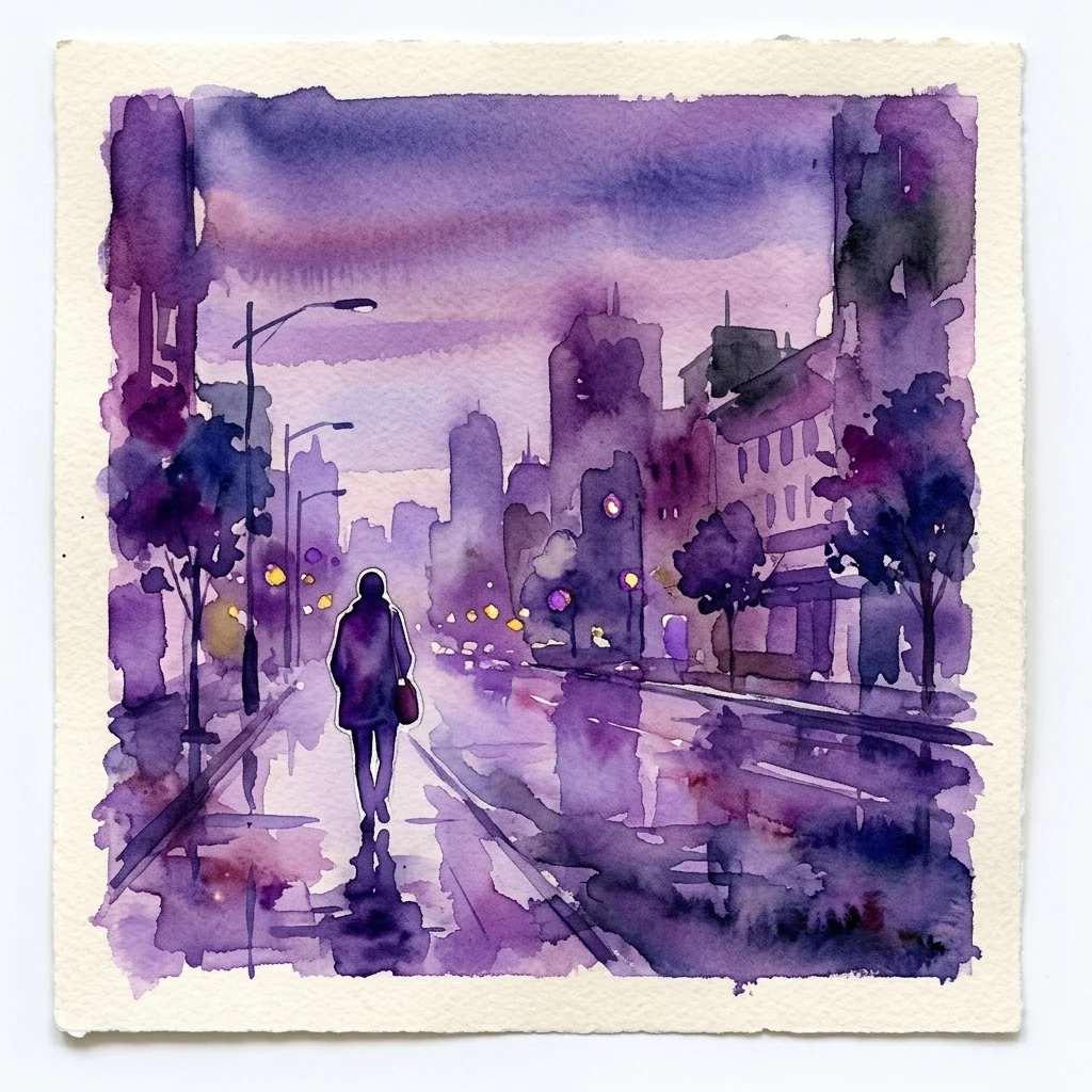 A watercolor painting of a solitary figure walking away on a wet city street at dusk, rendered in purple and violet hues with reflections on the pavement and urban architecture in the background.