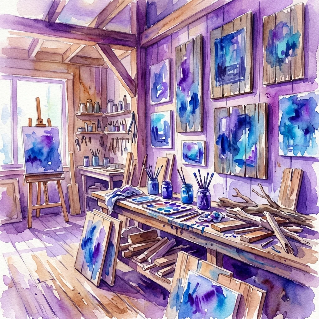 Artist's studio with blue and purple watercolor paintings on wooden panels, featuring easels, paint supplies, and found wood materials, reflecting Bakos Tamás' 'Painting the Blues' series.