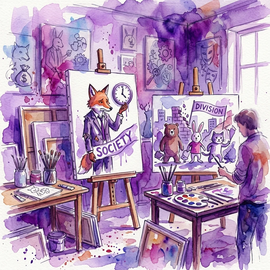 An artist's studio with watercolor paintings of anthropomorphic animals, including a fox in a suit holding a clock and a bear with a 'Division' banner, illustrating themes of society and commentary.