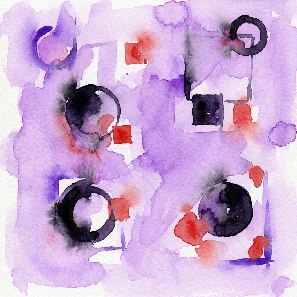 Abstract watercolor artwork featuring black circles, red squares, and purple washes, representing Cvetka Hojnik's symbolic visual language with geometric forms.