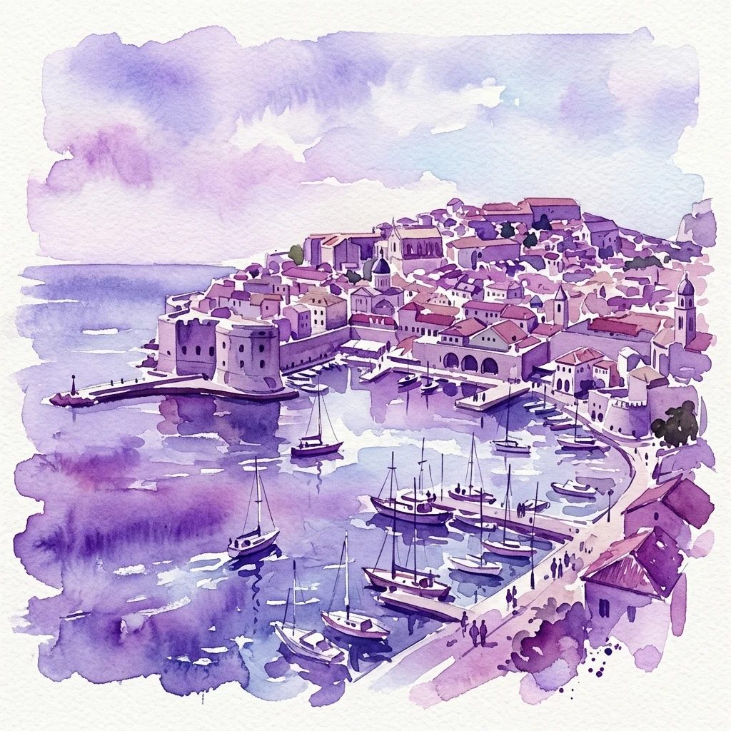 A watercolor illustration of a coastal city with historic architecture, a bustling harbor filled with boats, and a prominent castle overlooking the sea, evoking a nostalgic and artistic atmosphere.