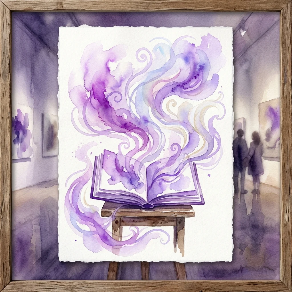 An open book with swirling purple and blue watercolor fumes, displayed in a gallery setting, representing Fan Xueyi's exhibition 'Album der Düfte des Abends' at Alte Schmiede.