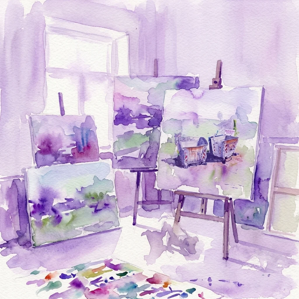 Watercolor painting of an artist's studio with multiple canvases on easels, featuring abstract landscapes with political undertones, bathed in purple and green hues from natural light.
