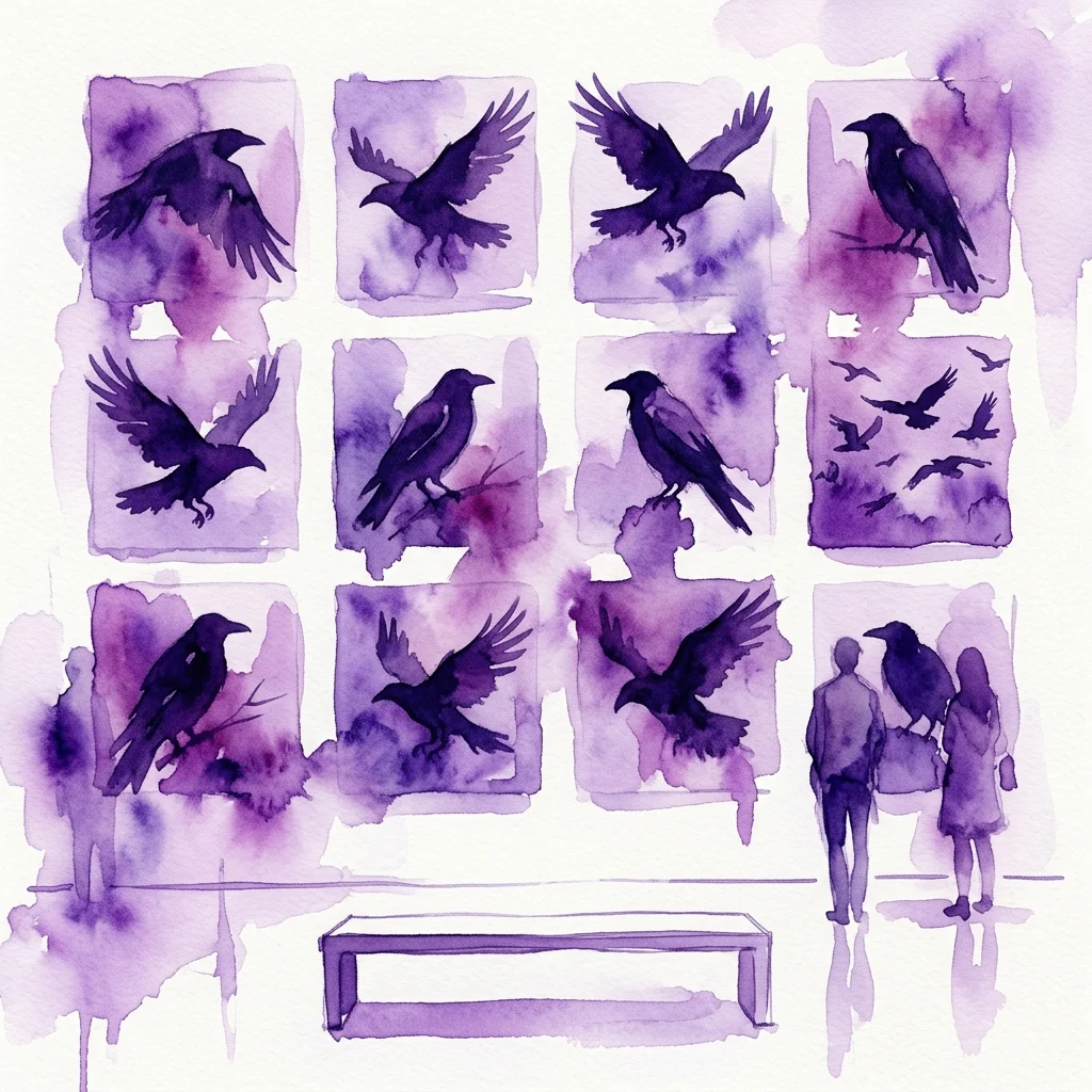A watercolor illustration of twelve paintings depicting ravens in various poses, displayed in a gallery with visitors observing the artwork.