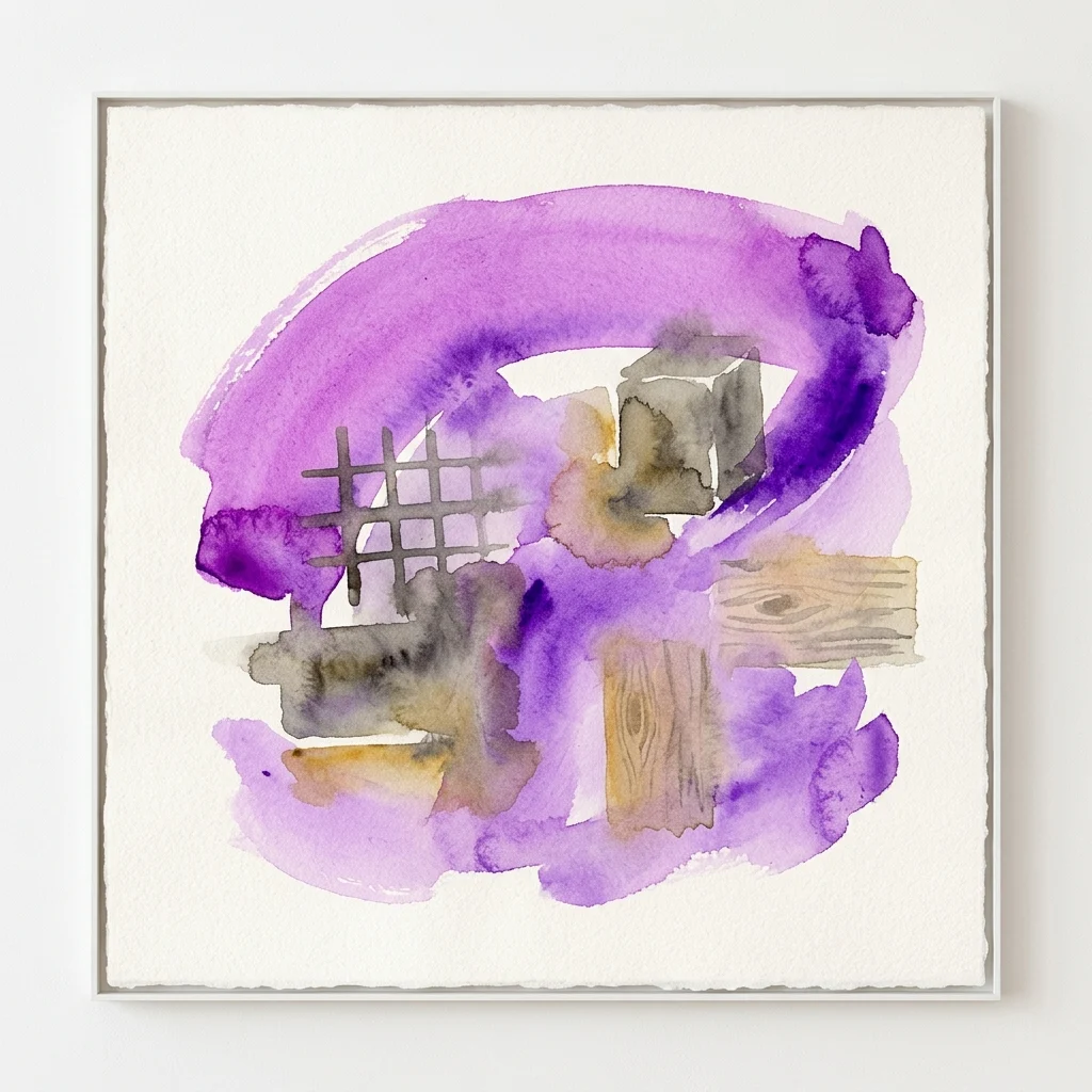 Abstract watercolor artwork featuring purple washes, wood texture, and a metal grid, representing the 'Neue Slowenische Kunst' movement.
