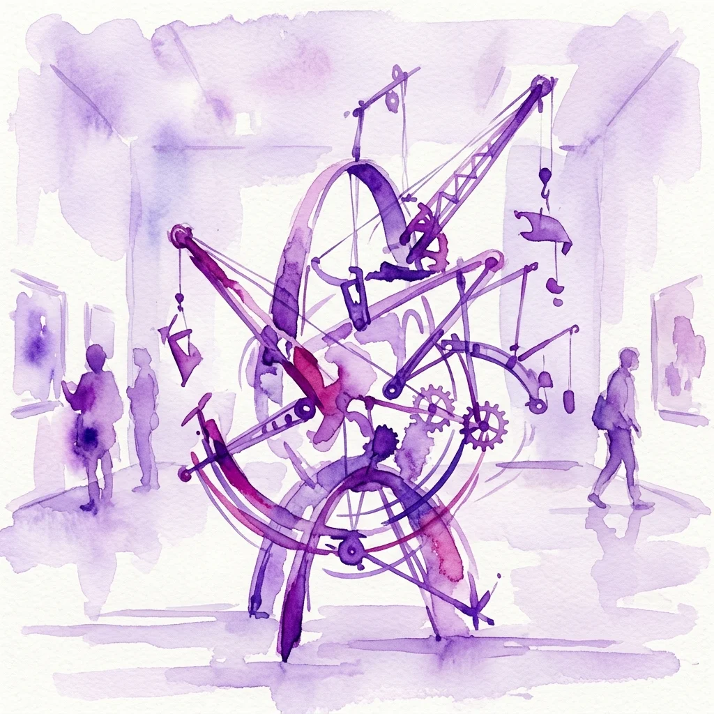A watercolor illustration of a kinetic sculpture with cranes, gears, and mechanical parts, displayed in an art gallery with visitors observing.