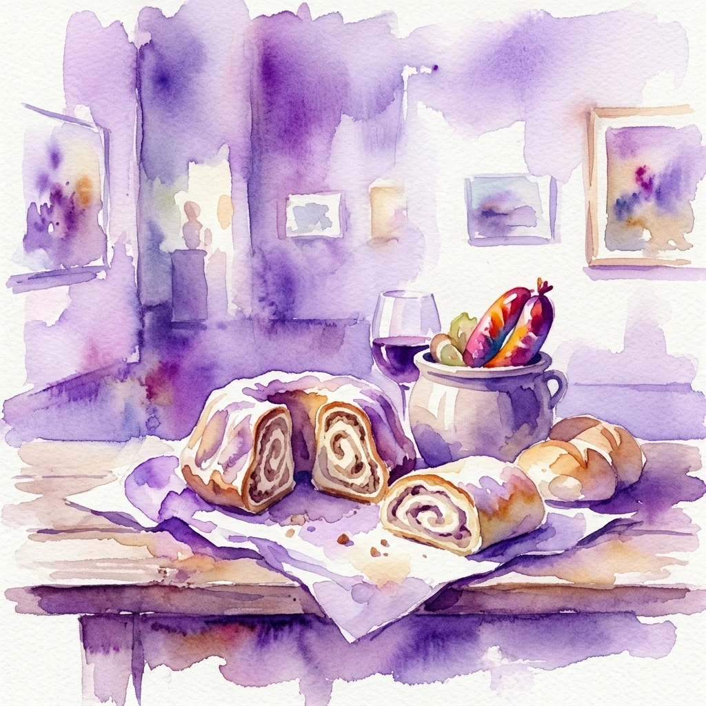A watercolor painting of traditional Slovenian food, including a swirled pastry, sausages, bread, and wine, displayed in a gallery setting with abstract purple and white background.