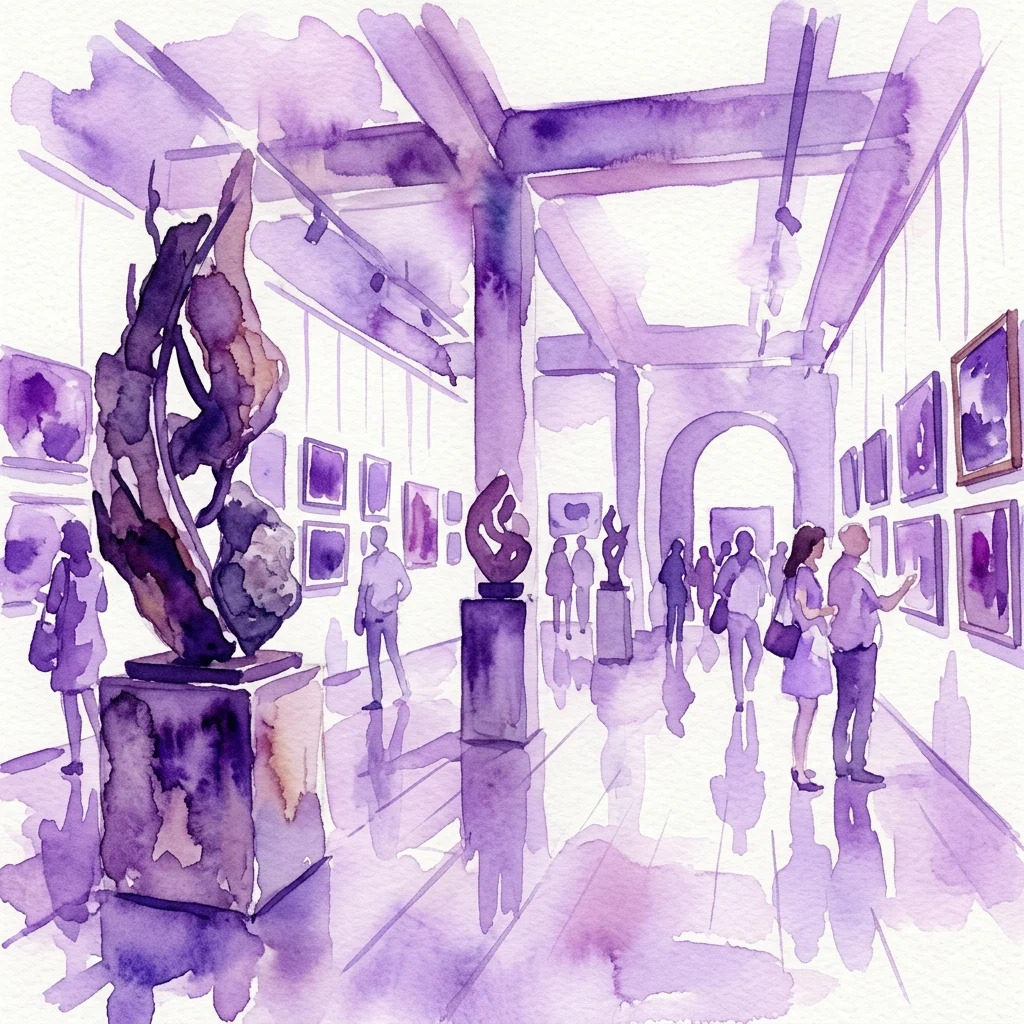 Watercolor illustration of an art gallery with visitors viewing sculptures and paintings, featuring a purple and white color scheme.