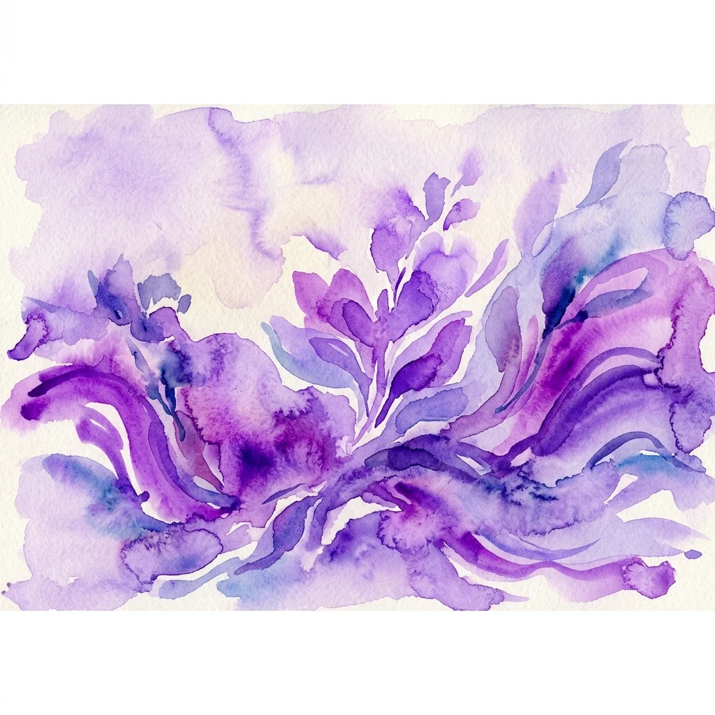 Abstract watercolor artwork in shades of purple and blue, evoking organic forms and textures from Štefan Galič's 'Natura Viva' exhibition.