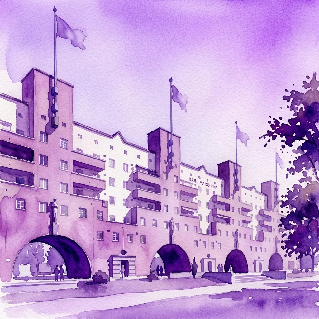 A watercolor illustration of the Karl Marx Hof, a historic public housing complex in Vienna, Austria, showcasing its Art Deco and Bauhaus architectural style with prominent arches and flagpoles.