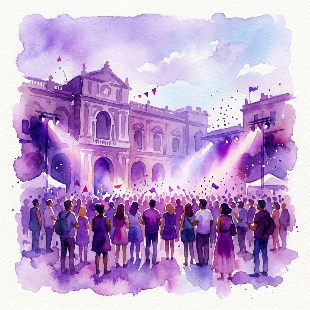 Een aquarelillustratie van een levendig openluchtconcert op het Wener Festival, met een divers publiek verzameld voor een groots historisch gebouw verlicht door podiumverlichting.