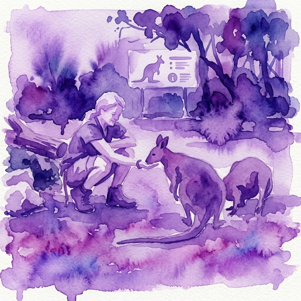 Een aquarelillustratie van een dierentuinmedewerker in uniform die kangoeroes voert in een moderne dierentuinverblijf, met educatieve bewegwijzering zichtbaar op de achtergrond.