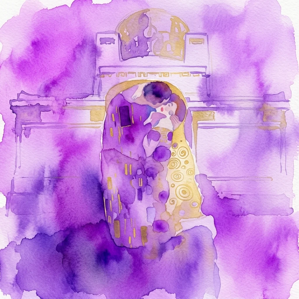 Een waterverfinterpretatie van Gustav Klimt's 'De Kus', met een stel dat elkaar omhelst in gouden en paarse tinten, tegen een gestileerde Art Nouveau architectonische achtergrond.