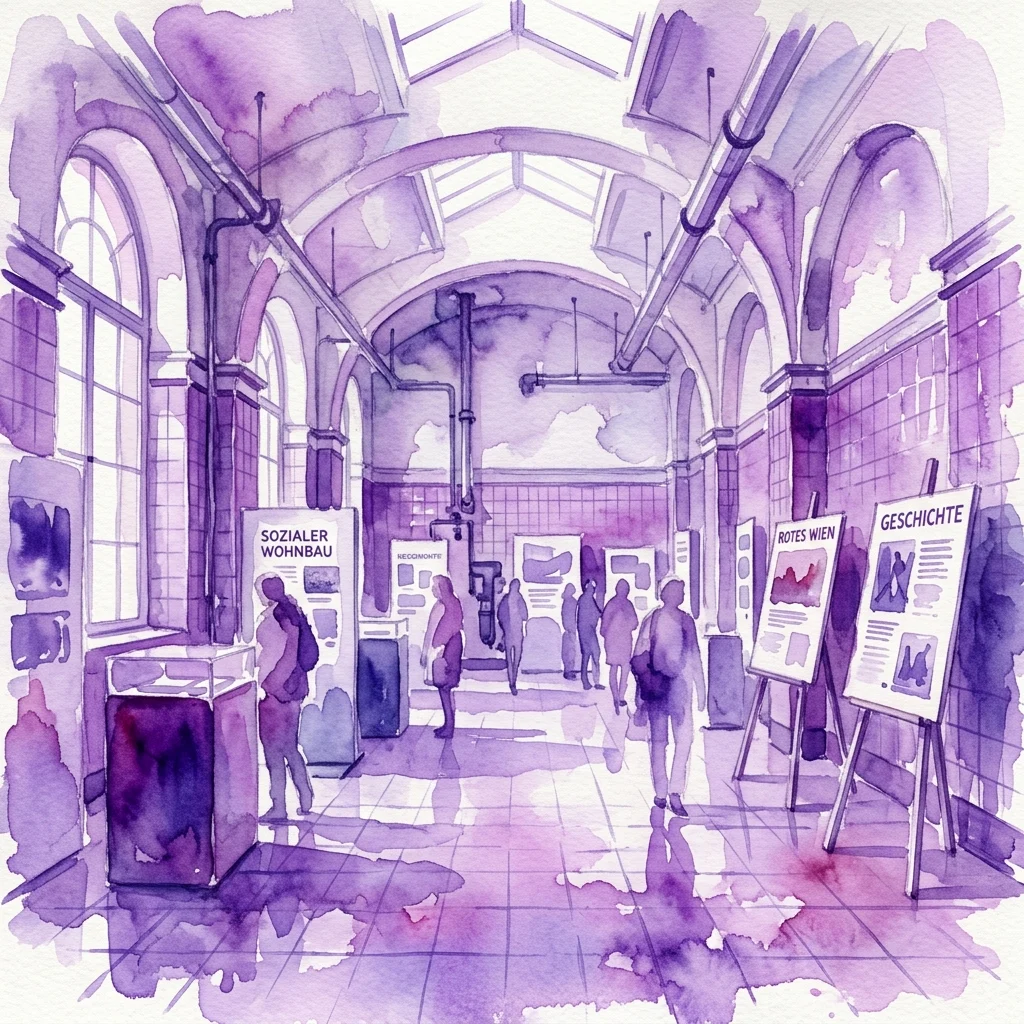 Waterverfillustratie van een tentoonstellingsruimte in een historisch gebouw, met panelen over sociale woningbouw en Rood Wenen, en bezoekers die de ruimte verkennen.