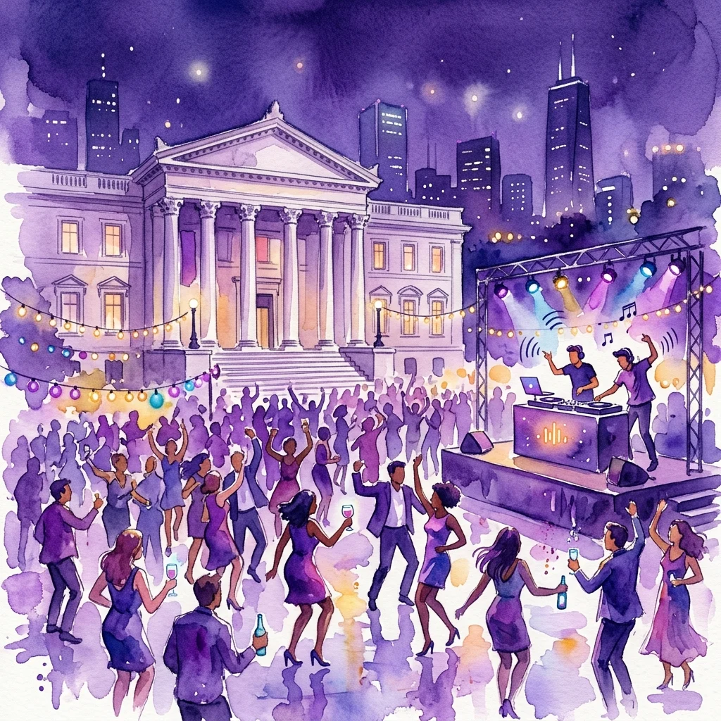 Plenerowa nocna impreza w muzeum Albertina, z DJ-ami grającymi na scenie, tańczącymi gośćmi i panoramą miasta w tle.