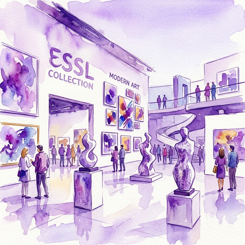 Interior del museo Albertina Modern que exhibe la Colección Essl de arte moderno, con pinturas abstractas y esculturas en un espacio de galería luminoso de varios niveles con visitantes observando las obras de arte.