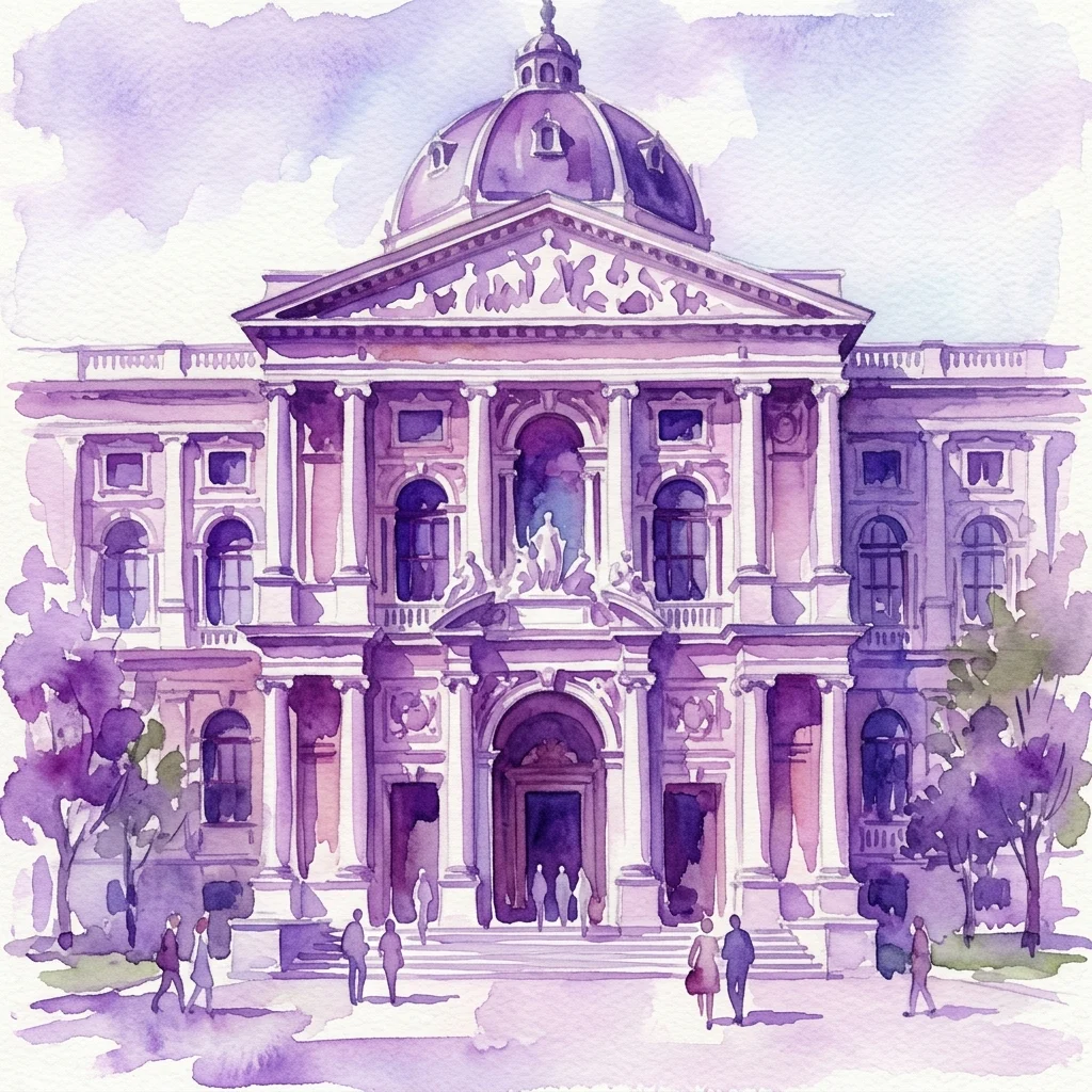 Ilustración en acuarela de la gran fachada neoclásica del Museo Albertina, con una cúpula central, columnas y detalles ornamentales, y visitantes caminando enfrente.