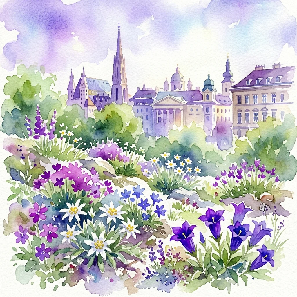 Akwarela przedstawiająca Ogród Alpejski w Ogrodzie Belwederskim, z szarotkami, goryczkami i innymi kwiatami alpejskimi na tle wiedeńskiej architektury.