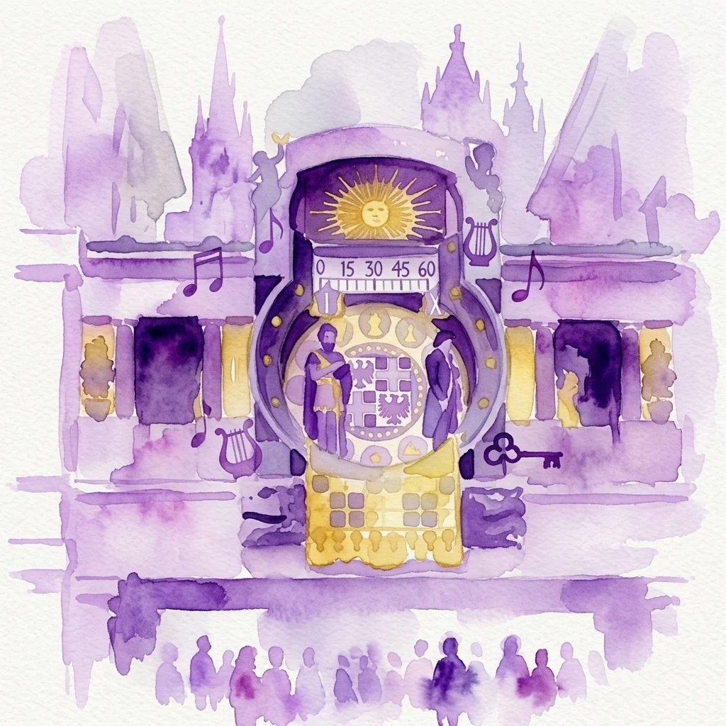 Ilustracja akwarelowa Zegara Anker w Wiedniu, muzycznej wieży zegarowej w stylu Art Nouveau z animowanymi postaciami, nutami i emblematem słońca, na tle miasta z sylwetkami zwiedzających.