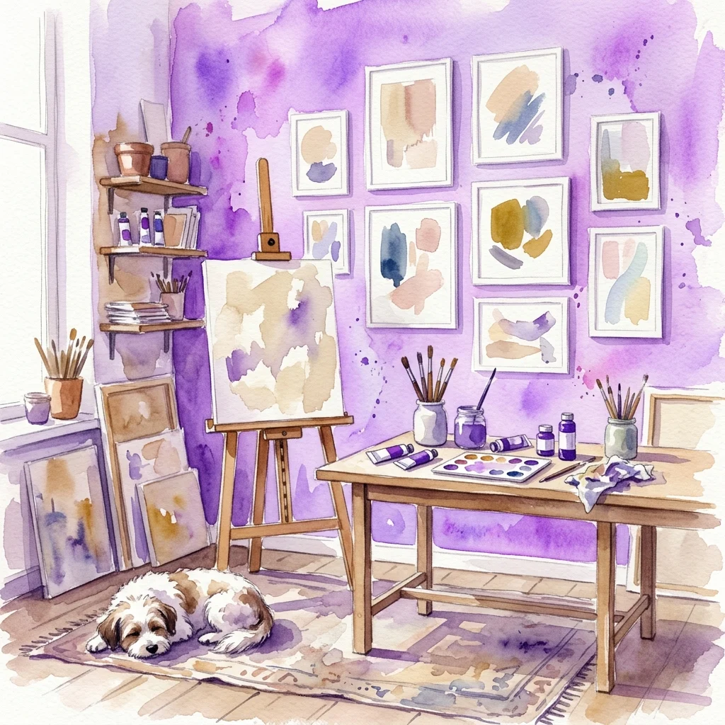 Una ilustración en acuarela del estudio de Anouk Lamm con pinturas abstractas en la pared, un caballete, material de arte y un perro pequeño descansando en el suelo, transmitiendo una atmósfera creativa tranquila.