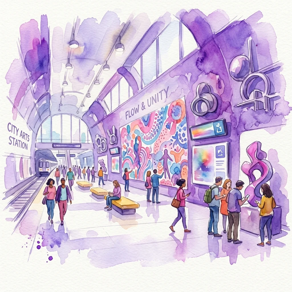 Ilustracja akwarelowa nowoczesnej stacji metra z różnorodnymi instalacjami artystycznymi, takimi jak murale, rzeźby i cyfrowe wyświetlacze, wkomponowanymi w architekturę, z pasażerami wchodzącymi w interakcję ze sztuką.