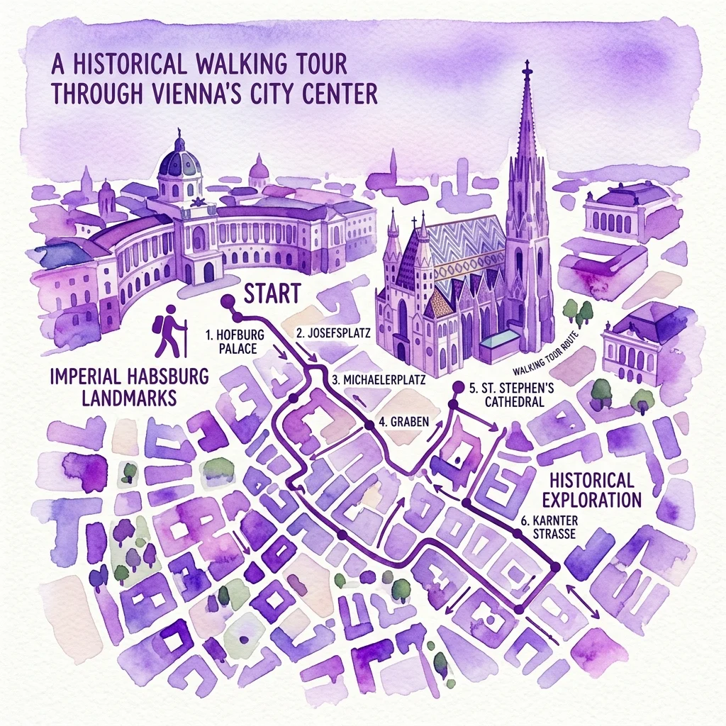 Fioletowa mapa akwarelowa historycznego spaceru po centrum Wiednia, podkreślająca cesarskie zabytki Habsburgów, w tym Pałac Hofburg, Katedrę św. Szczepana oraz kluczowe miejsca, takie jak Josefsplatz i Michaelerplatz.