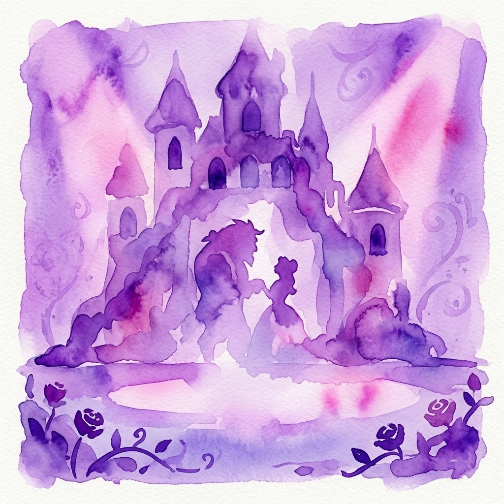 Waterverfillustratie van het Beest en Belle in silhouet voor een magisch paars kasteel, die de betoverde sfeer van Disney's Beauty and the Beast musical oproept.