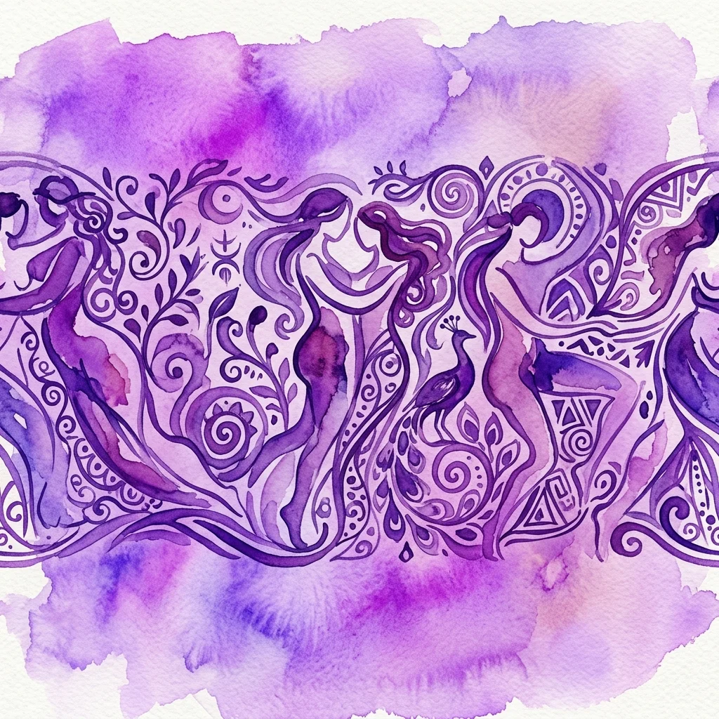 Een paarse aquarelillustratie van een sierlijke fries met abstracte menselijke figuren, wervelende patronen en symbolische motieven in Art Nouveau-stijl.