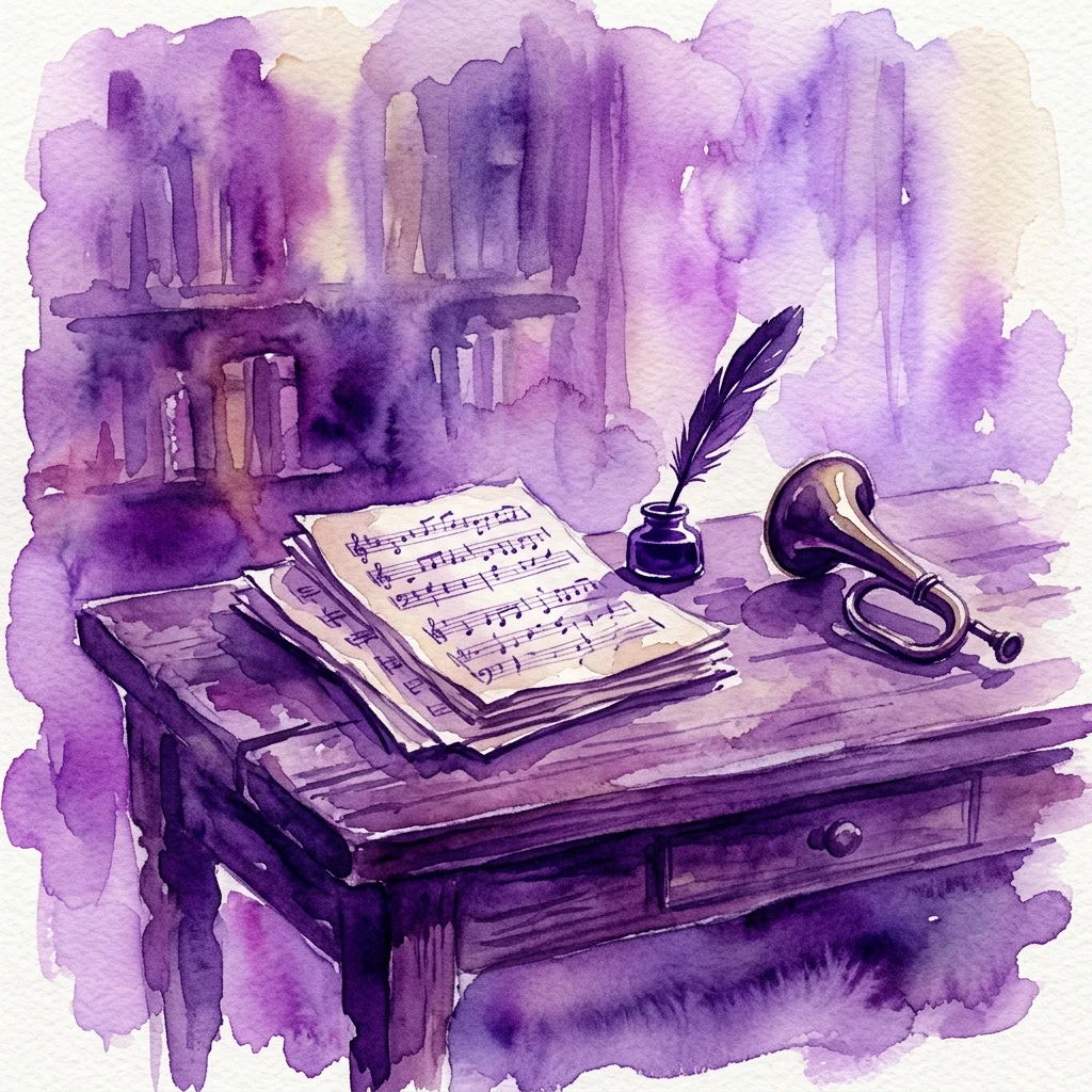 Una ilustración en acuarela del escritorio de Beethoven con partituras, una pluma y un trompetilla, que evoca su proceso creativo en el Museo Beethoven Heiligenstadt.
