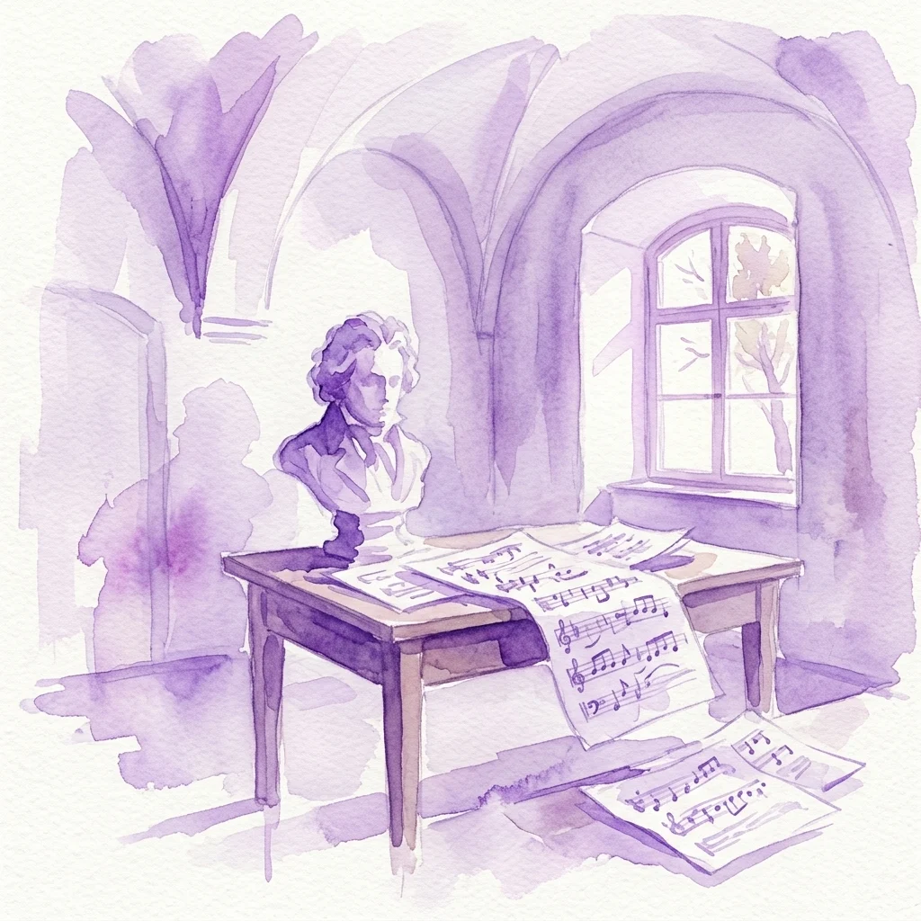 Ilustracja akwarelowa pracowni Beethovena z popiersiem, rozrzuconymi nutami i łukowymi oknami, przywołująca jego proces twórczy w Wiedniu.