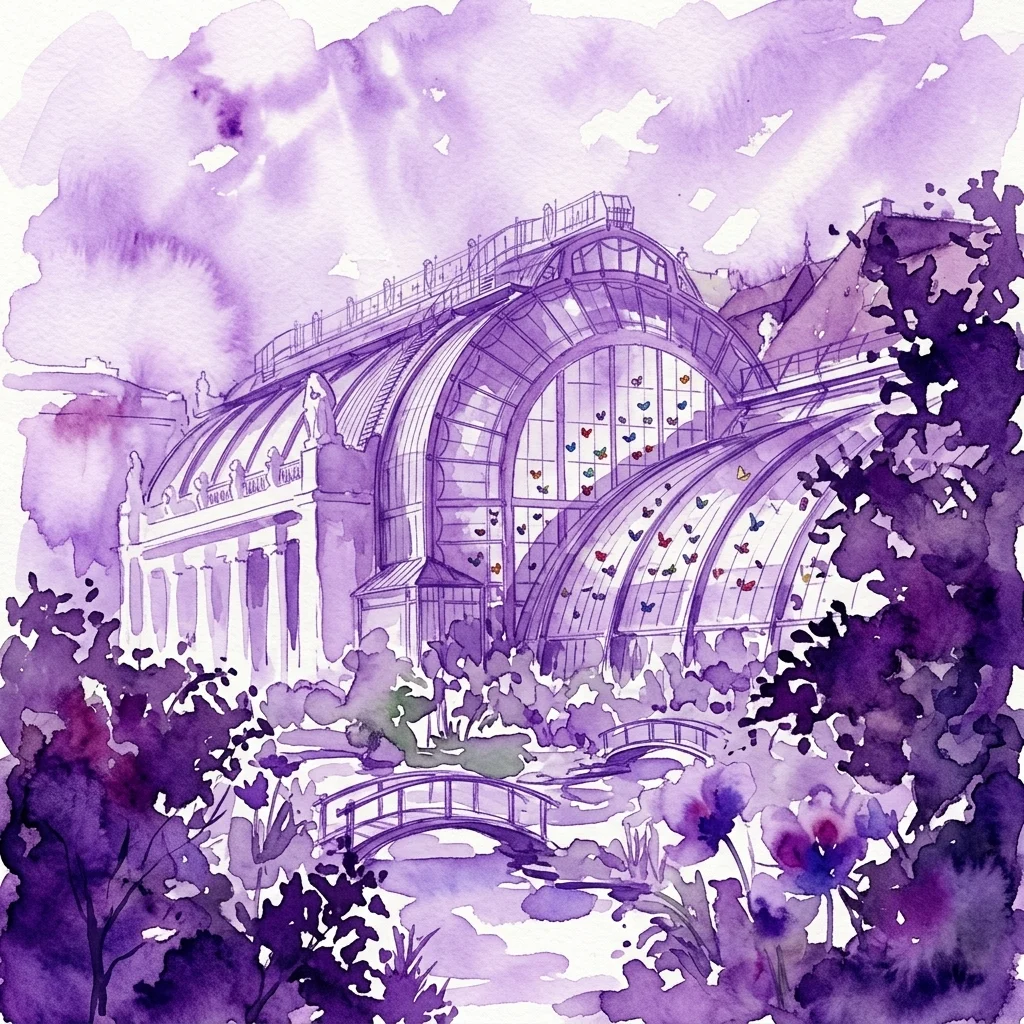 Ilustracja akwarelowa Domu Motyli w Burggarten w Wiedniu, przedstawiająca szklaną oranżerię z latającymi w środku motylami, otoczoną fioletowym listowiem i małym mostkiem nad strumieniem.