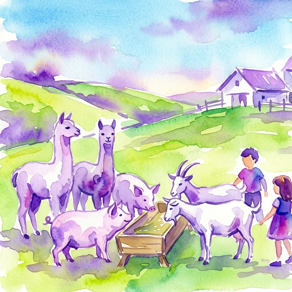 Ilustracja akwarelowa przedstawiająca dzieci bawiące się ze zwierzętami hodowlanymi, w tym alpakami, świniami i kozami, na Dziecięcym Ranczu w Wiedniu na Cobenzl, na tle zielonych wzgórz i błękitnego nieba.
