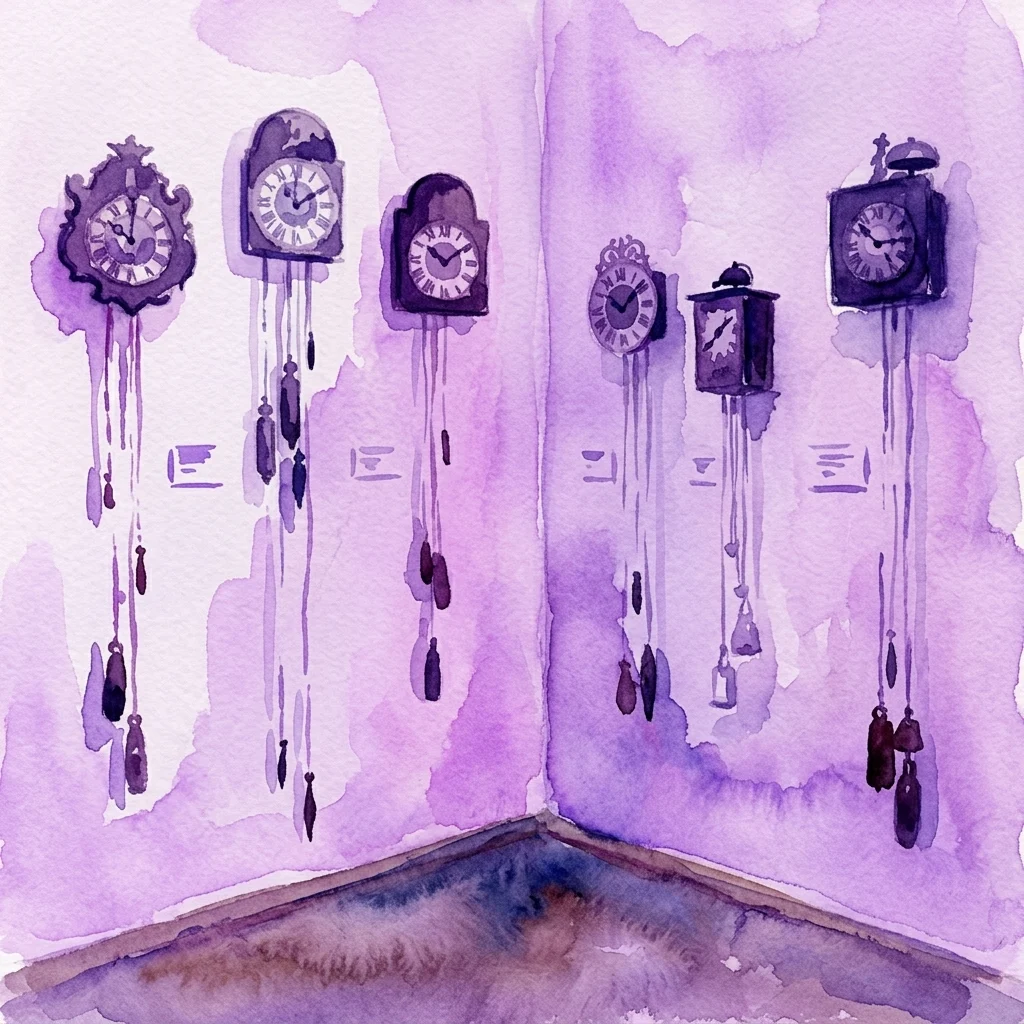 Watercolor illustration of antique pendulum clocks with intricate gears and hands displayed in a museum gallery corner, highlighting the craftsmanship of historical timekeeping devices.