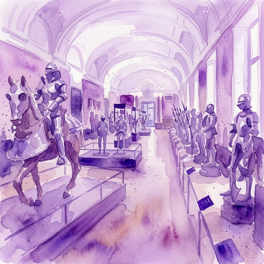 Watercolor illustration of the Collection of Arms and Armor exhibition, featuring ornate suits of armor, a mounted knight statue, and historical weaponry displayed in a grand museum hall with arched ceilings.