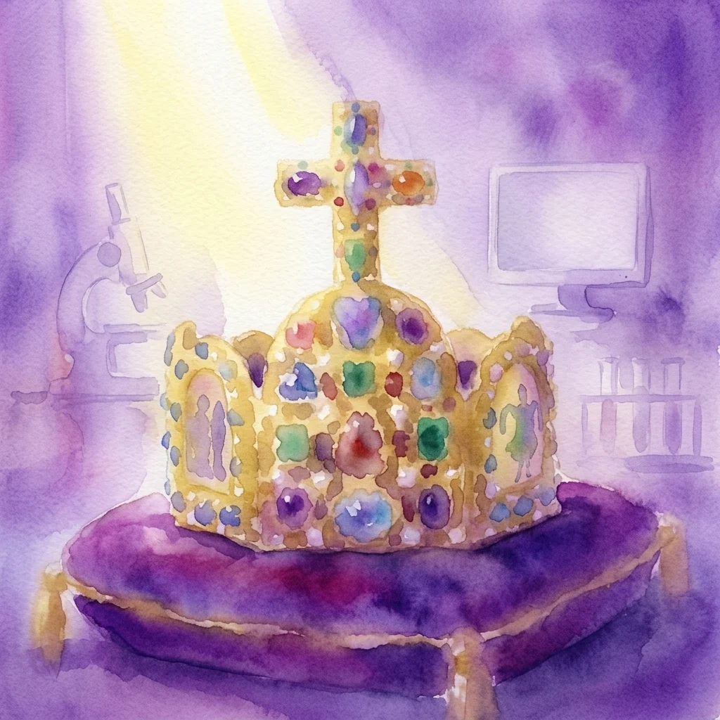 Ilustración en acuarela de la Corona Imperial del Sacro Imperio Romano Germánico sobre un cojín morado, con equipo científico como un microscopio y una computadora al fondo, simbolizando la investigación y el descubrimiento históricos.