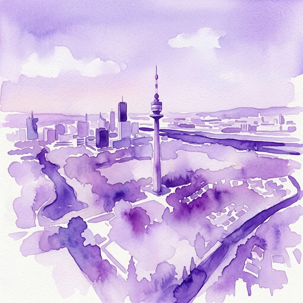 Ilustracja akwarelowa Wieży Dunajskiej (Donauturm) w Wiedniu, ukazująca jej charakterystyczną iglicę wznoszącą się nad panoramą miasta z rzeką Dunaj i otaczającym ją krajobrazem miejskim.