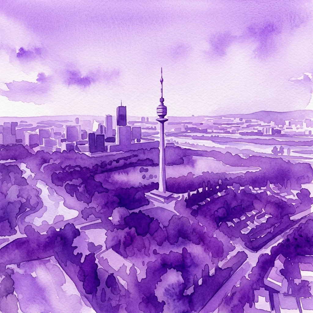 Een paarse aquarelillustratie van de Donautoren in Wenen, met het observatiedek en de omliggende stad en rivier onder een bewolkte hemel.