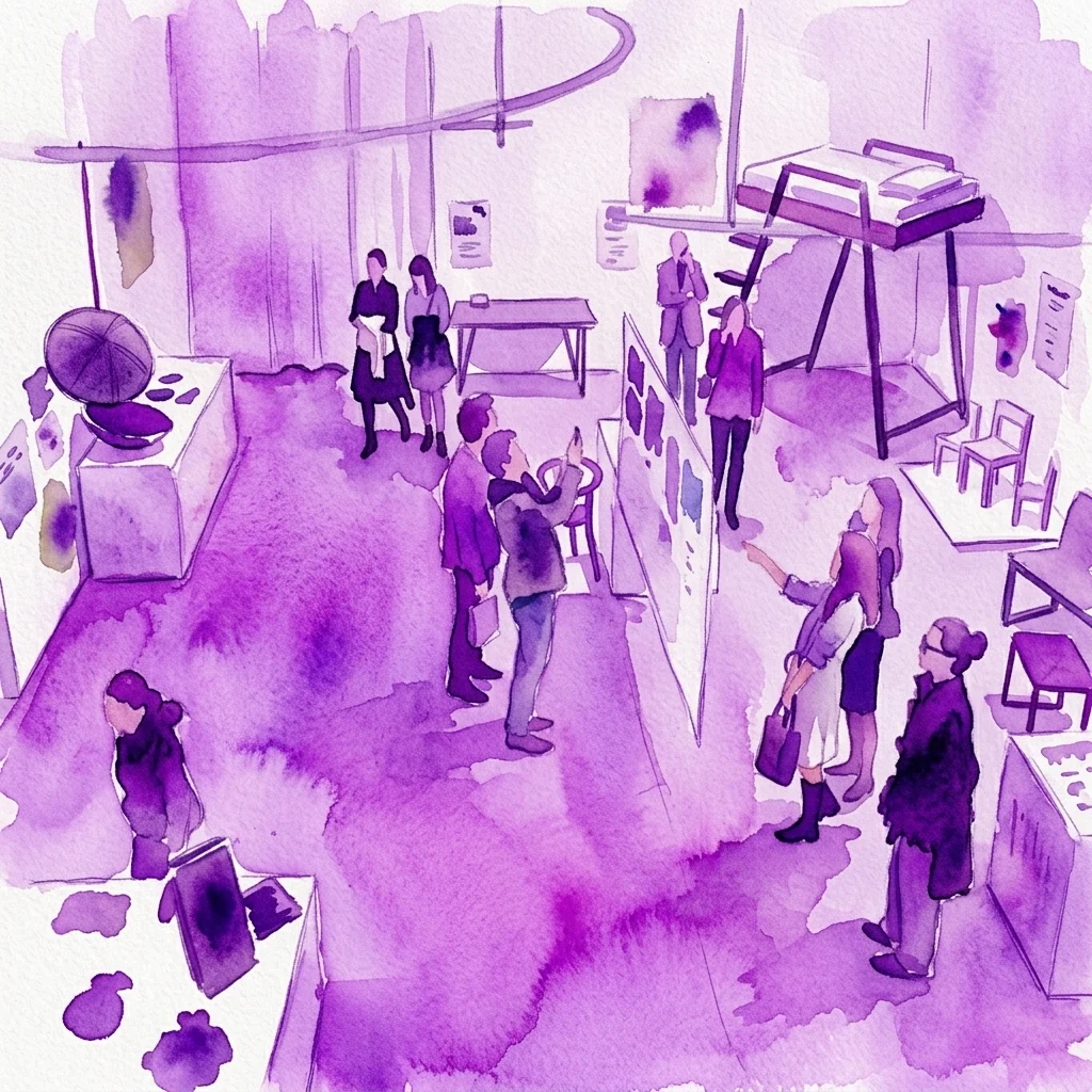 Waterverfillustratie van een moderne designexpositie in Designforum Wien, met bezoekers die diverse designobjecten en installaties bekijken in een minimalistische galerie. 