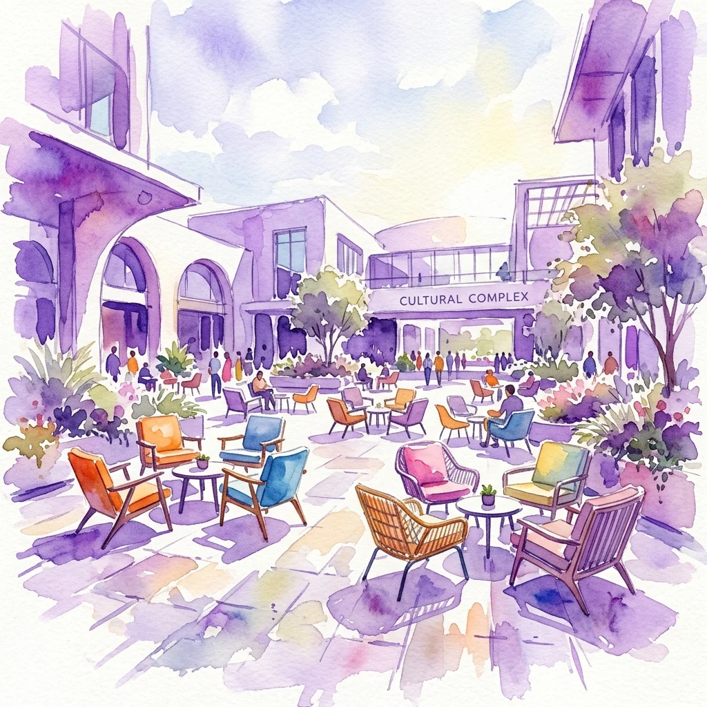 Ilustracja akwarelowa dziedzińca MuseumsQuartier z kolorowymi meblami MQ, znakiem kompleksu kulturalnego i ludźmi relaksującymi się w tętniącym życiem miejskim otoczeniu.
