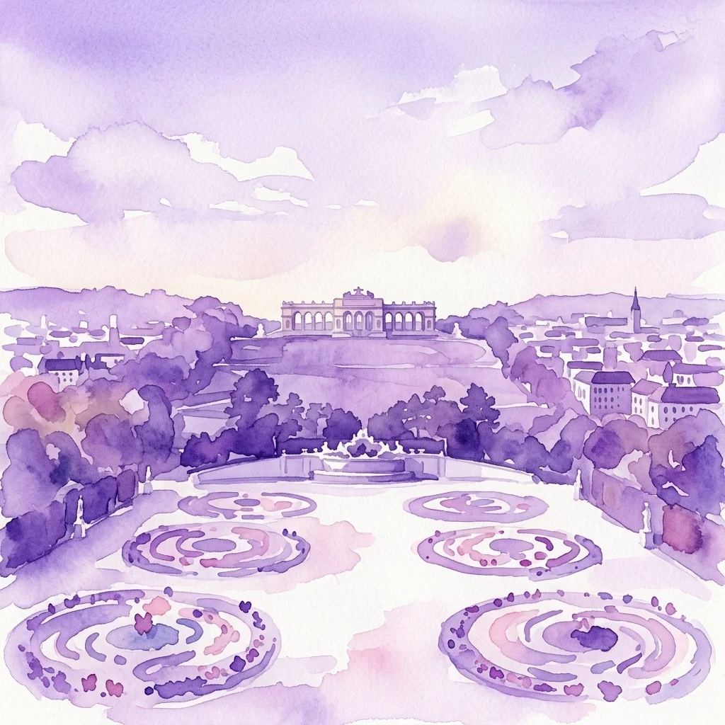 Waterverfillustratie van de Gloriette, een klassiek gebouw op een heuvel met uitzicht op Wenen, met sierlijke cirkelvormige tuinen op de voorgrond en het stadsgezicht in de verte.