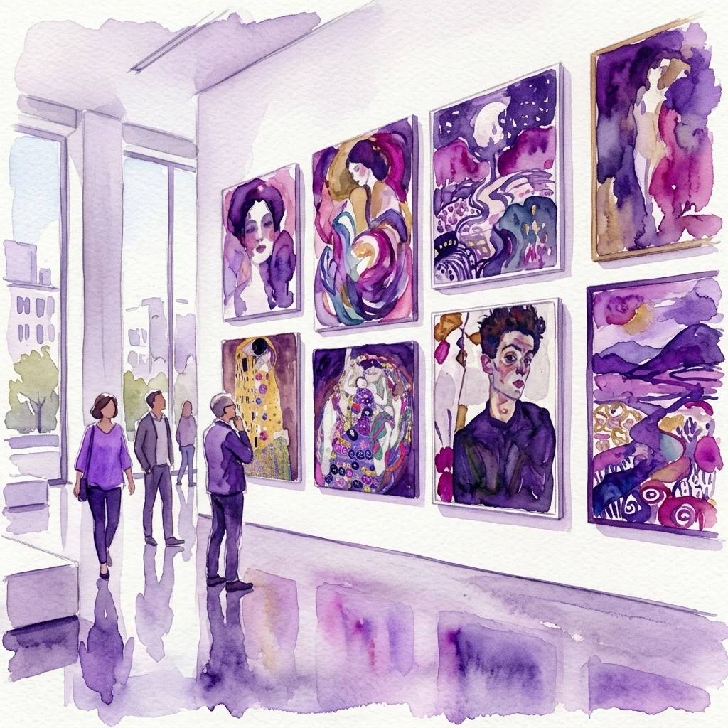 Ilustración en acuarela de visitantes contemplando una pared de galería con obras de arte de la Colección Leopold, que presenta retratos y pinturas simbólicas en tonos púrpuras y dorados.