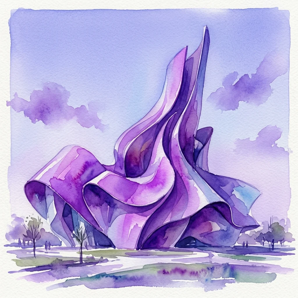Ilustracja Domenig-Haus w technice akwareli, ukazująca jego radykalną architekturę biomorficzną z płynnymi, fioletowo-niebieskimi formami stalowych płyt na tle łagodnego nieba.