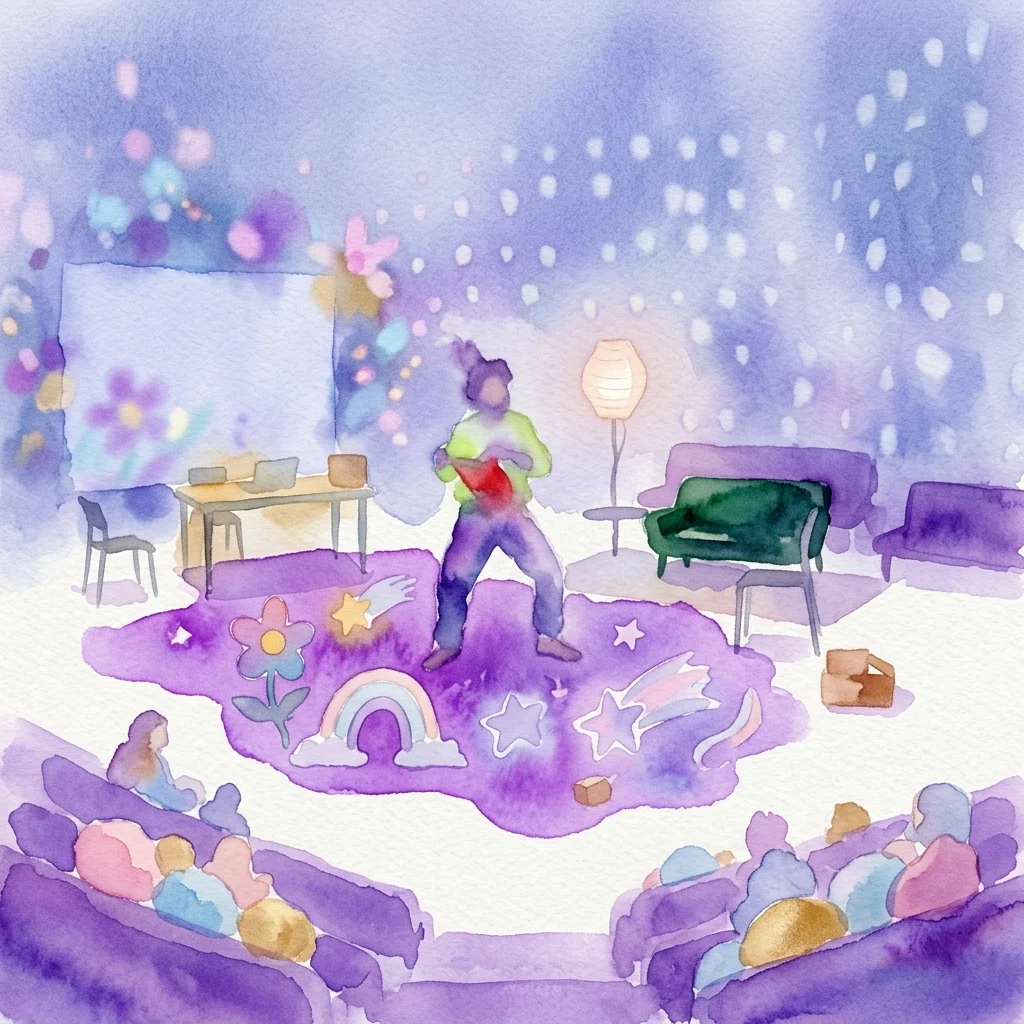 Een aquarelillustratie van een levendige kindertheatervoorstelling in Dschungel Wien, met een artiest op een kleurrijk podium met regenboog- en sterrenmotieven, omringd door jonge publieksleden in een grillige, fantasierijke omgeving.